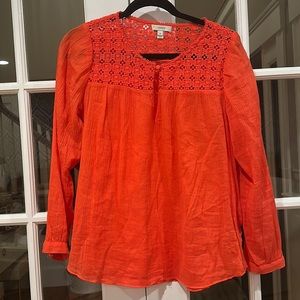 J.crew orange red gauzy Flowy top with beautiful lace work. Size 10